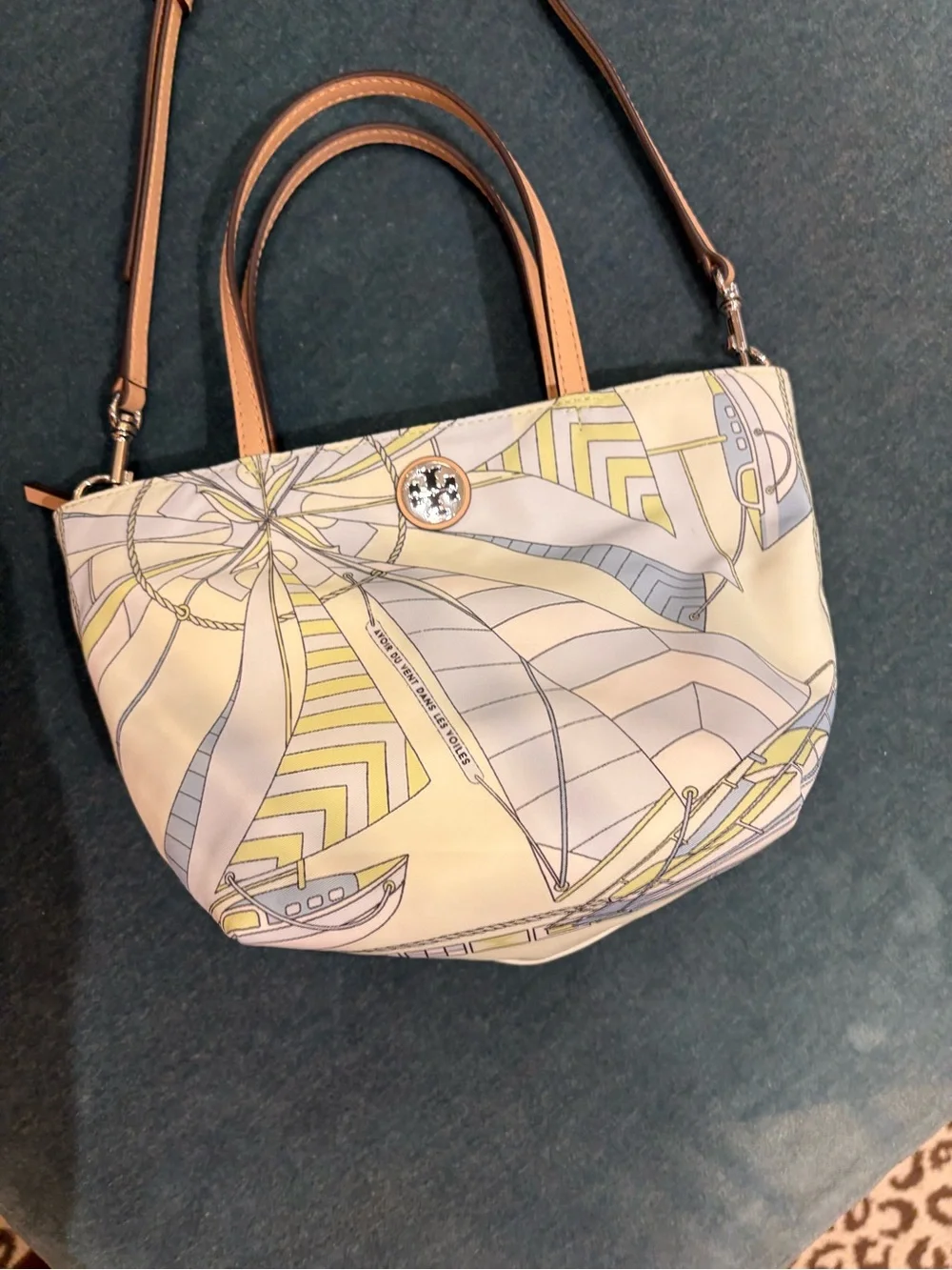 Tory Burch nylon printed mini tote with shoulder strap pattern color mint new